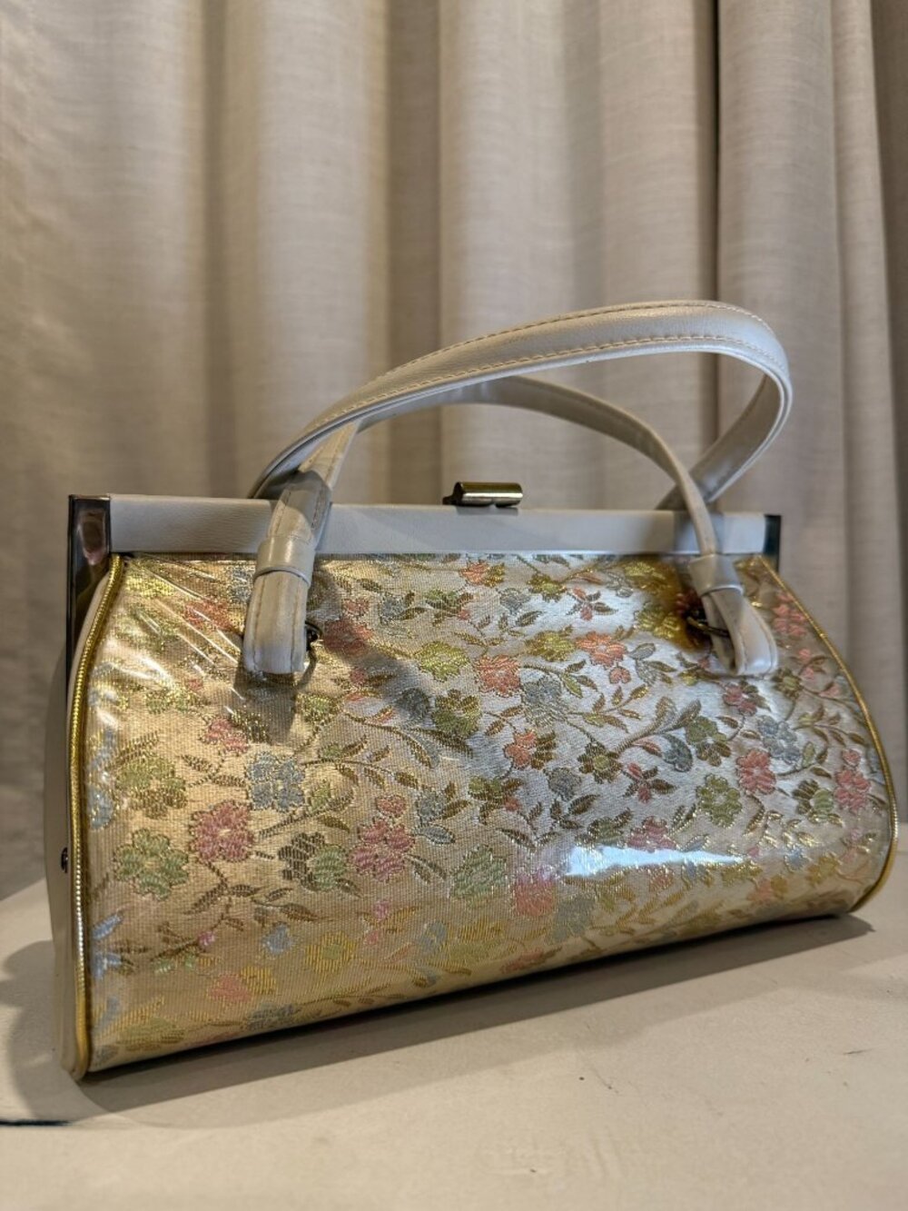 Vintage Verdi Brocade Floral Handbag with Vinyl Handles